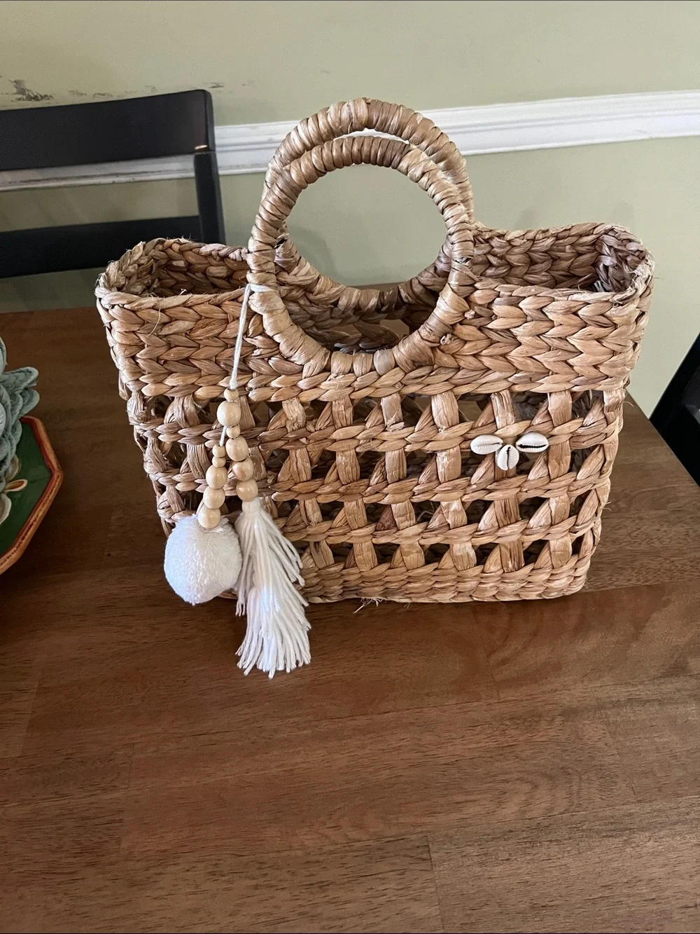 Woven Straw Tote Bag with Shell Accent - Natural